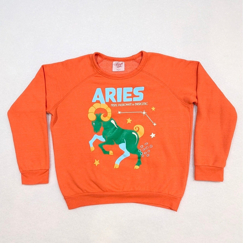 Midnight Rider Zodiac Aries Crewneck Sweatshirt Neon Orange Fiery Passionate L